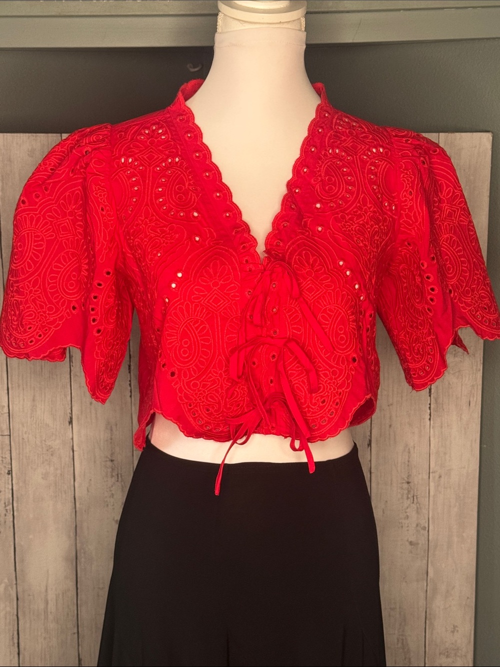 Sofie the Label Red Eyelet Tie-Front Crop Top